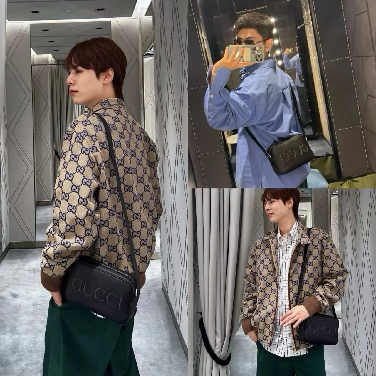 GUCCI男士牛皮字母斜背包