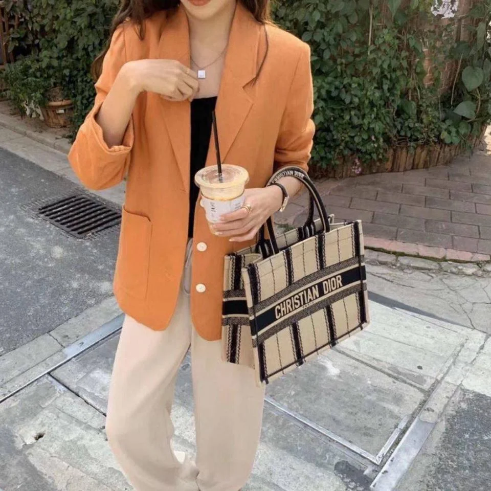 DIOR杏條紋購物袋(小號)