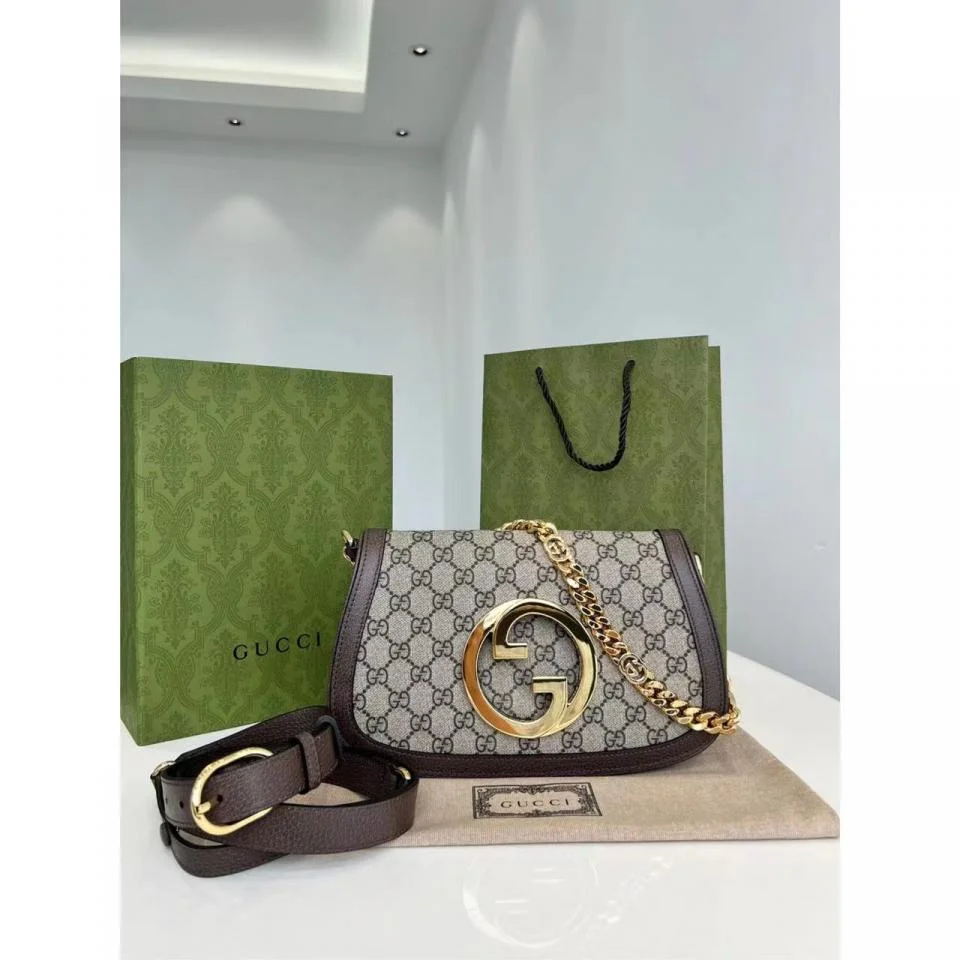 GUCCIBlondie系列圓形互扣式雙G大logo雙肩帶腋下包(老花款)