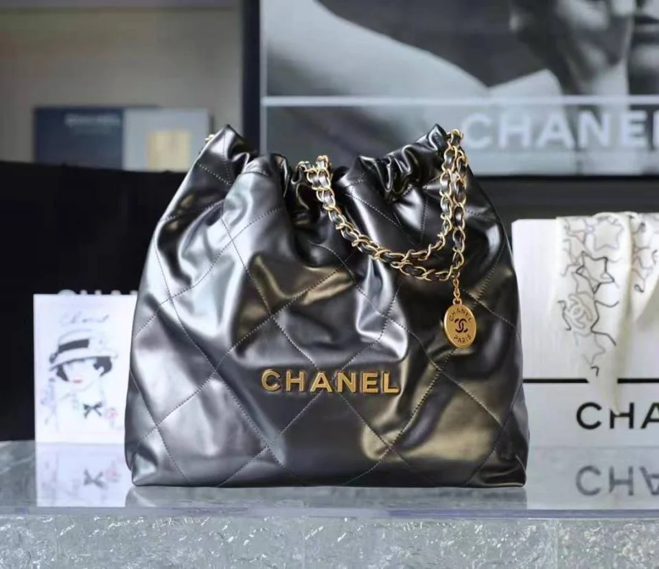 CHANEL22bag字母單肩購物袋槍灰色 金扣(中號)
