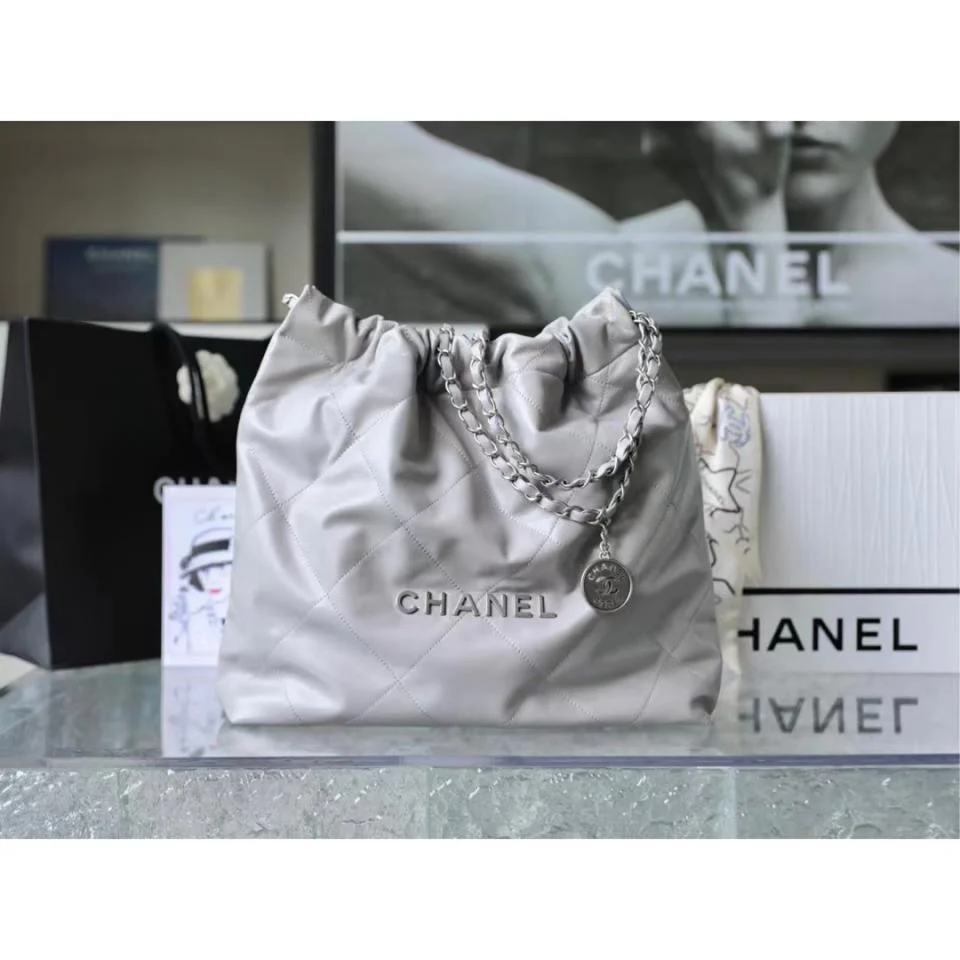 CHANEL22bag字母單肩購物袋 奶奶灰銀扣(中號)
