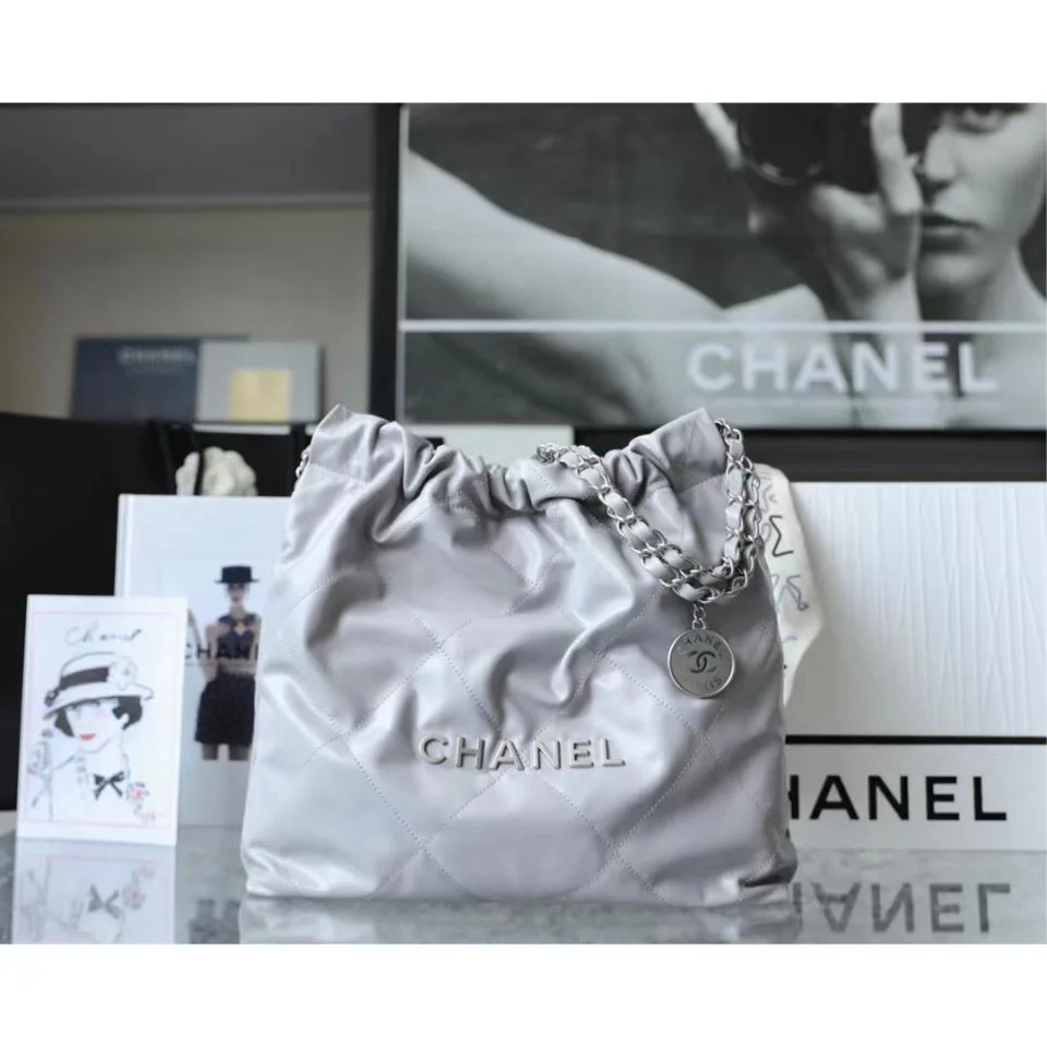 CHANEL22bag字母單肩購物袋 奶奶灰銀扣(小號)