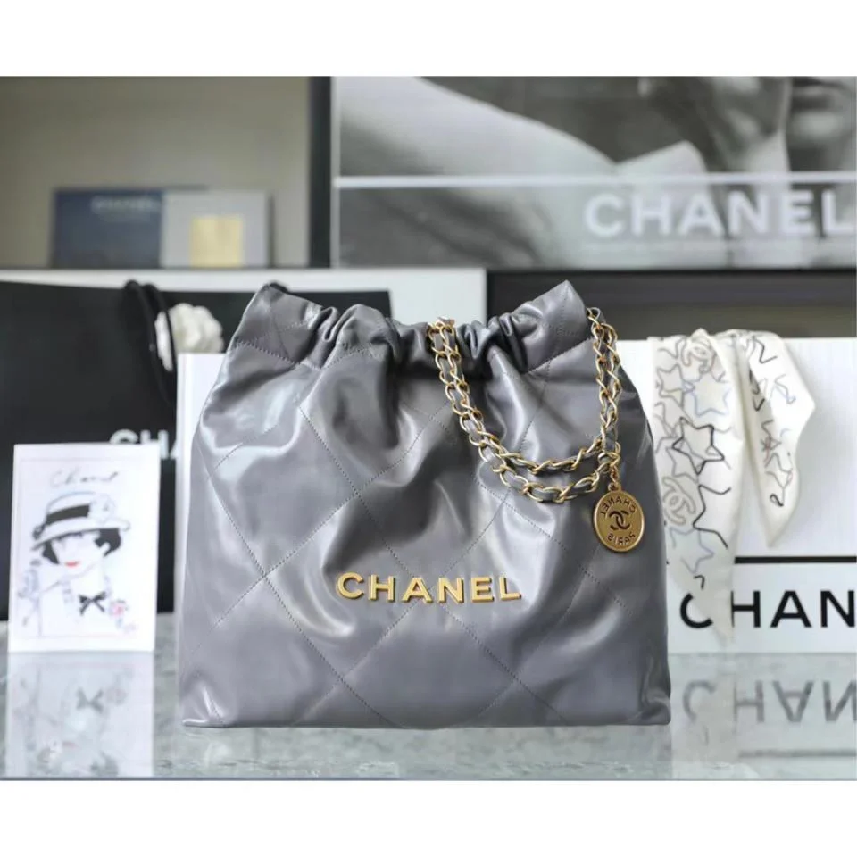 CHANEL22bag字母單肩購物袋 灰色金扣(小號)