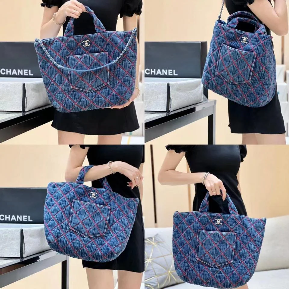 CHANEL牛仔肩背沙灘購物袋