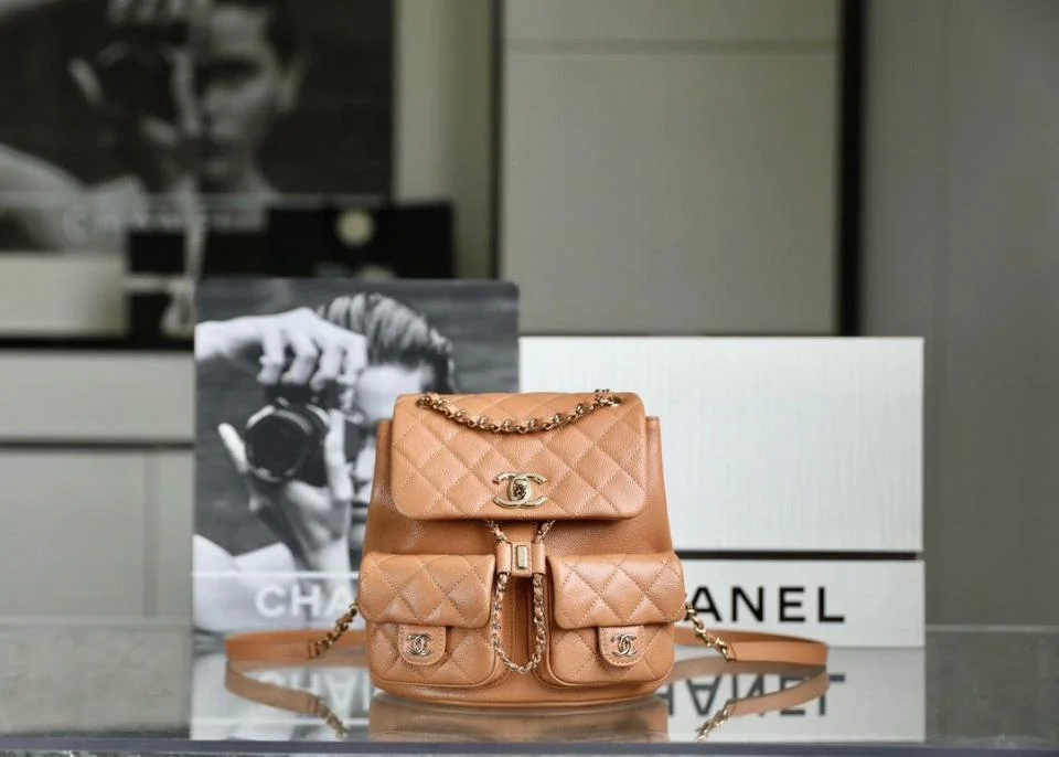 CHANEL23P雙口袋復古背包(焦糖色)大號