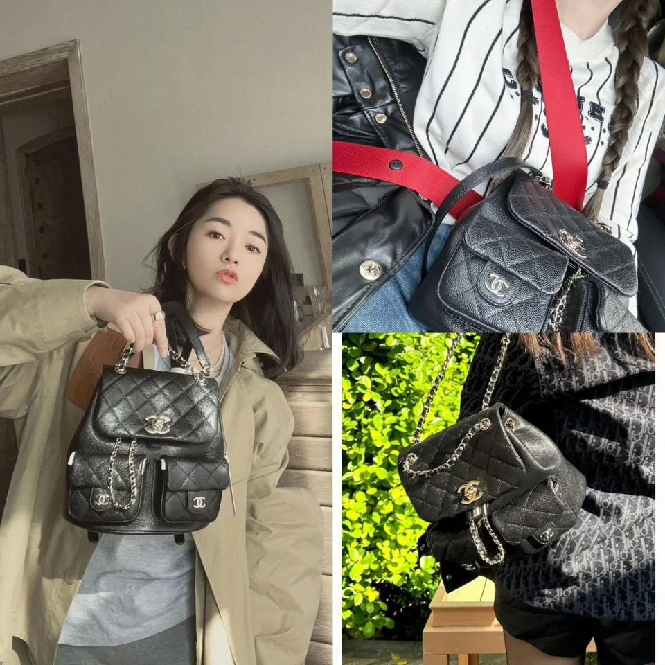 CHANEL23P雙口袋復古背包(黑色)大號