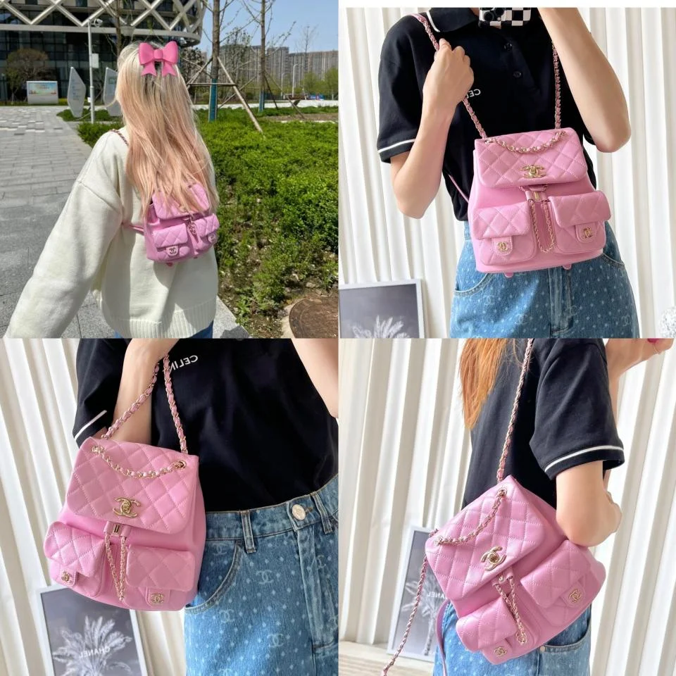 CHANEL23P雙口袋復古背包(粉色)大號