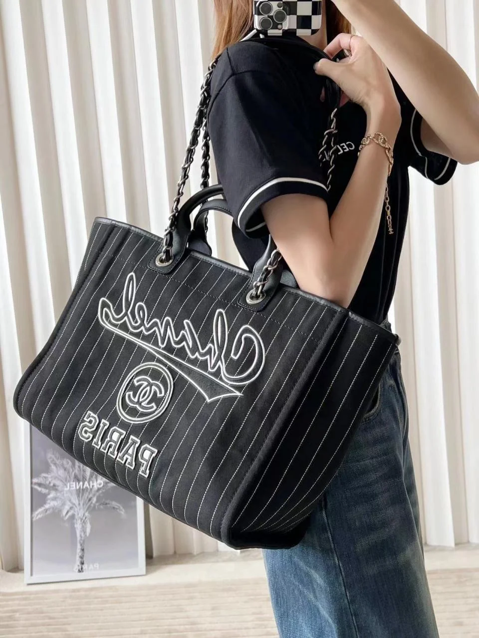 CHANEL23p刺繡字母沙灘包(黑色大號)