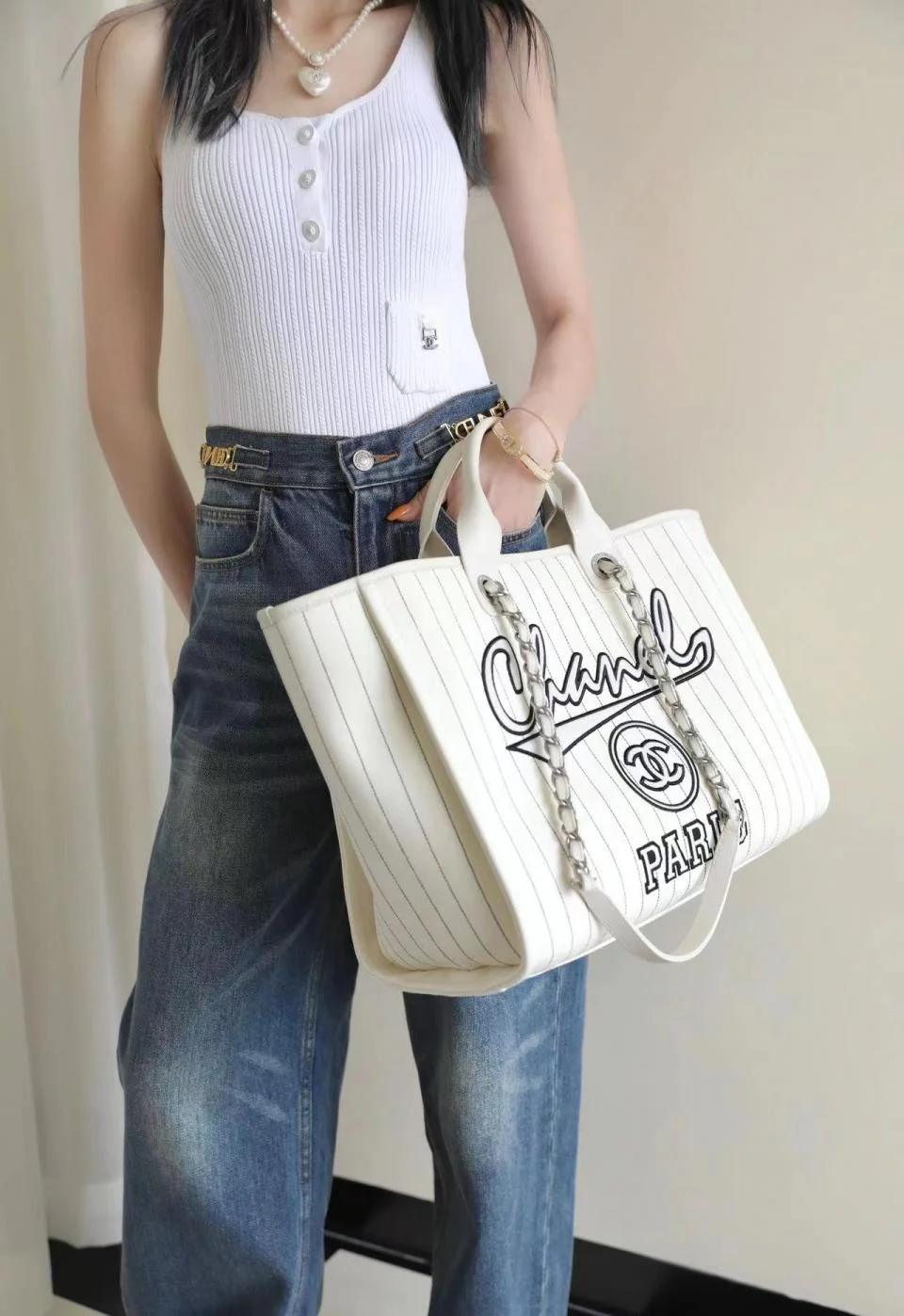 CHANEL23p刺繡字母沙灘包(白色大號)