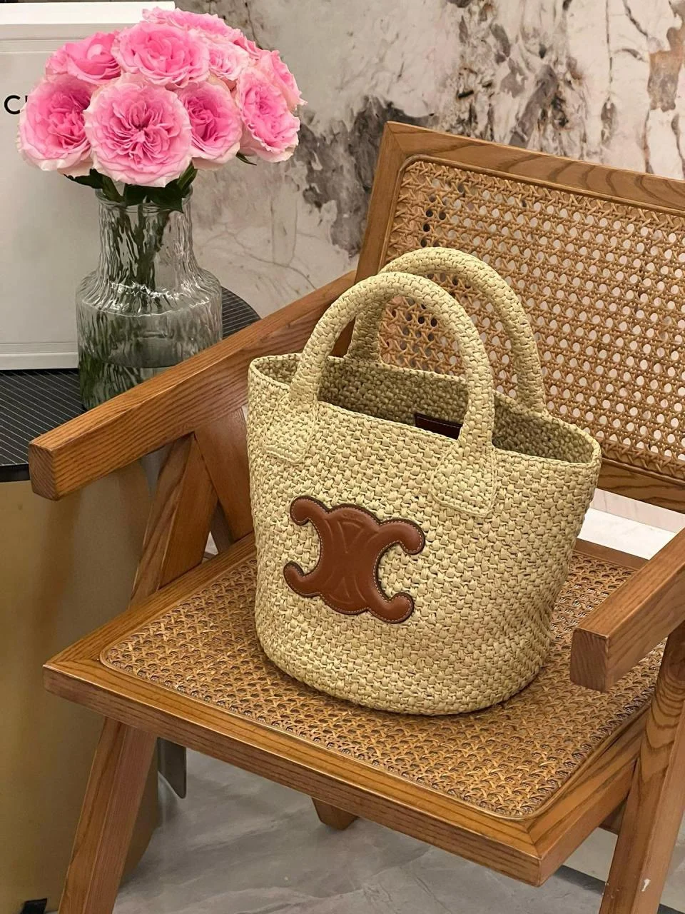 CELINE凱旋門logo草編提籃包
