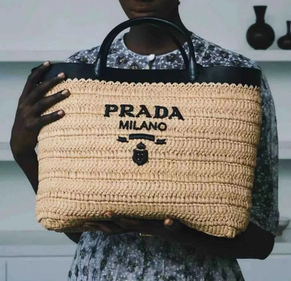 PRADA拉菲草拼皮托特包(大號)