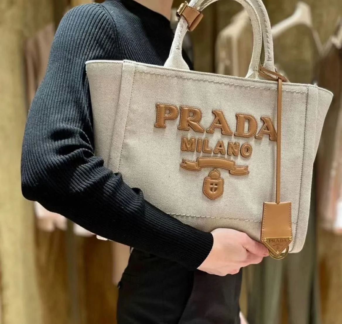 PRADA亞麻拼皮字母托特包(小號)