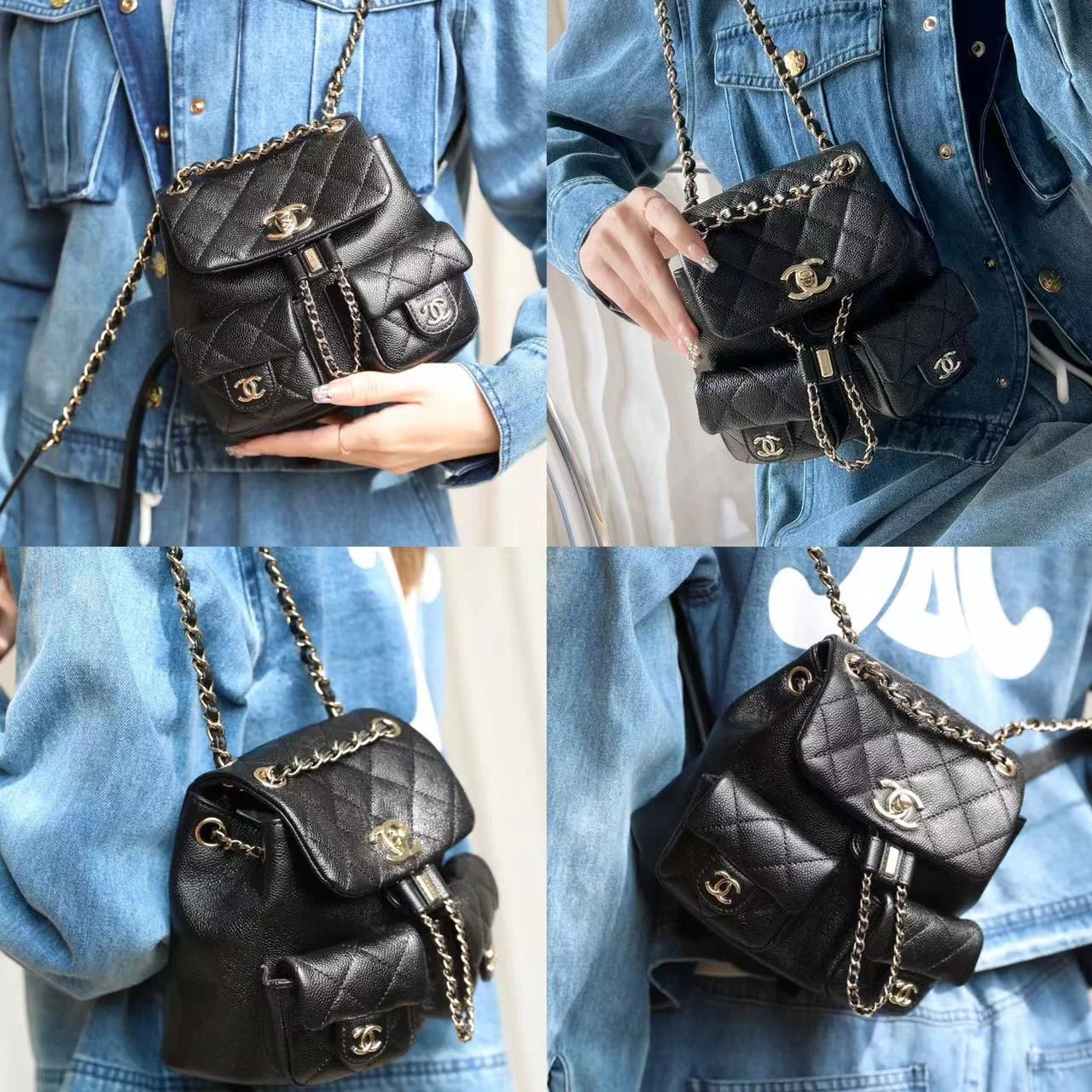 CHANEL23P雙口袋復古背包(黑色小號)