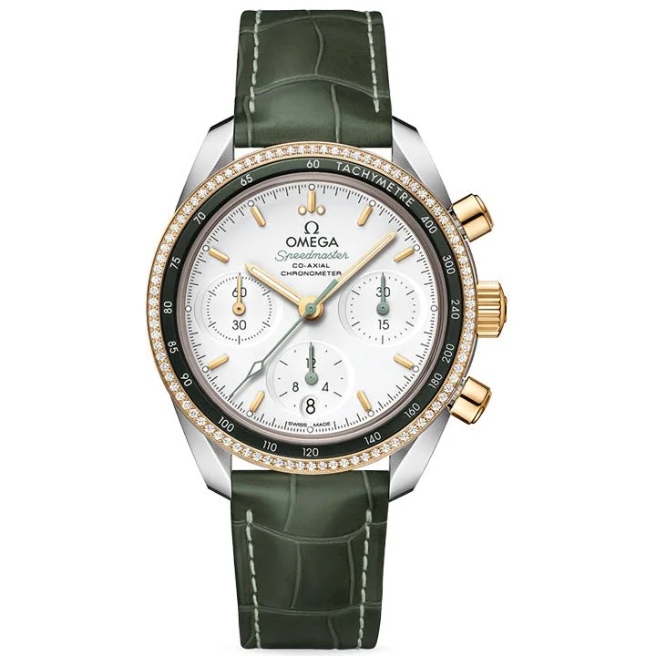 Omega Speedmaster 38 Co-Axial Chronometer Chronograph Steel, Yellow Gold & Diamonds on Leather Strap - 324.28.38.50.02.001